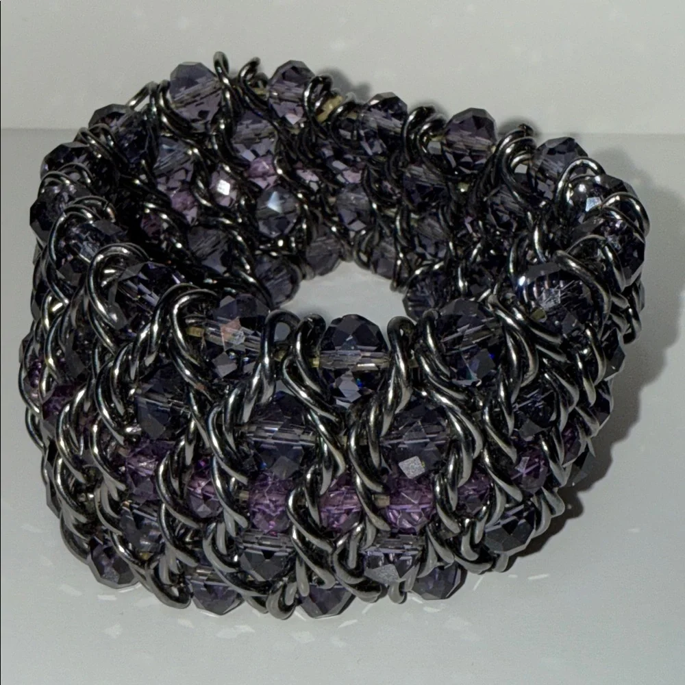Striking Chunky Purple Black Chain multilayer woven gun metal stretch bracelet